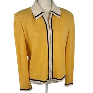St John Collection Marie Gray Yellow Santana Knit Zip Cardigan Jacket Size 16